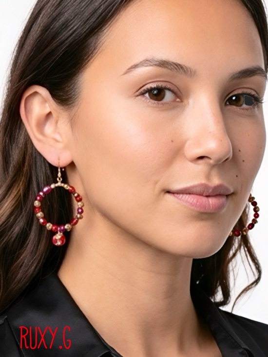 Hand Crafted Jewelry - Red Beaded Hoop Earrings - Women's Jewelry w/ pomegranate charm
